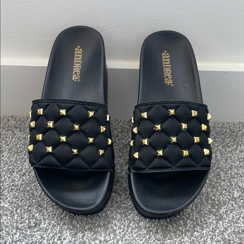 Black and Gold Studded Women's Slides